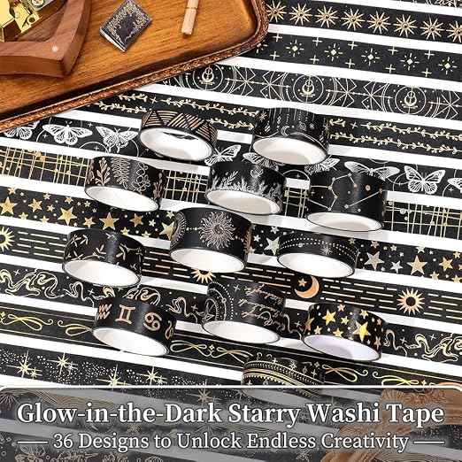 icceemee 36 Rolls Starry Theme Washi Tape Set with Celestial Patterns - Writeable Decorative Tapes for Scrapbooking, Junk Journal Supplies, Bullet Journaling 0.6" x 79" per Roll