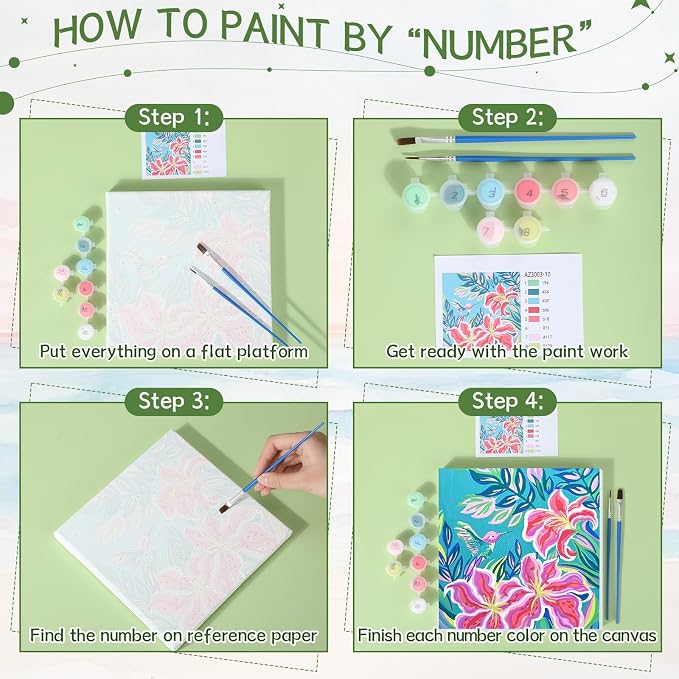 Nezyo 12 Sets Paint by Numbers with Frame for Adults, DIY Acrylic 8x8in | Beginner-friendly Canvas Kits, Party Activity or Birthday Gifts, Includes Brushes with Paints, Pre-framed Ready to Hang