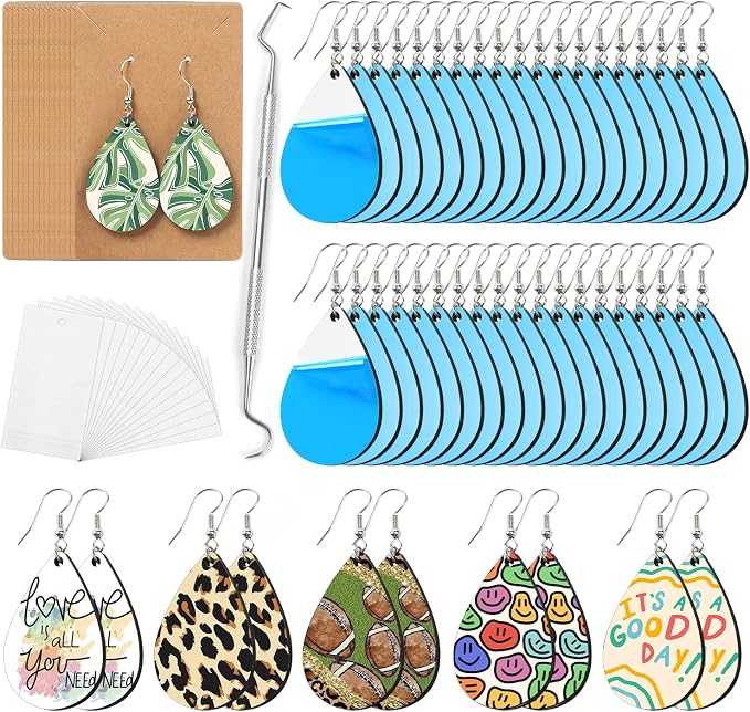 HTVRONT Sublimation Wood Earring Blanks Bulk - 50 Pcs with Blue Protective Film - Unfinished MDF Teardrop Earrings for Sublimation Printing with Template, Weeder, Hooks, Jump Rings