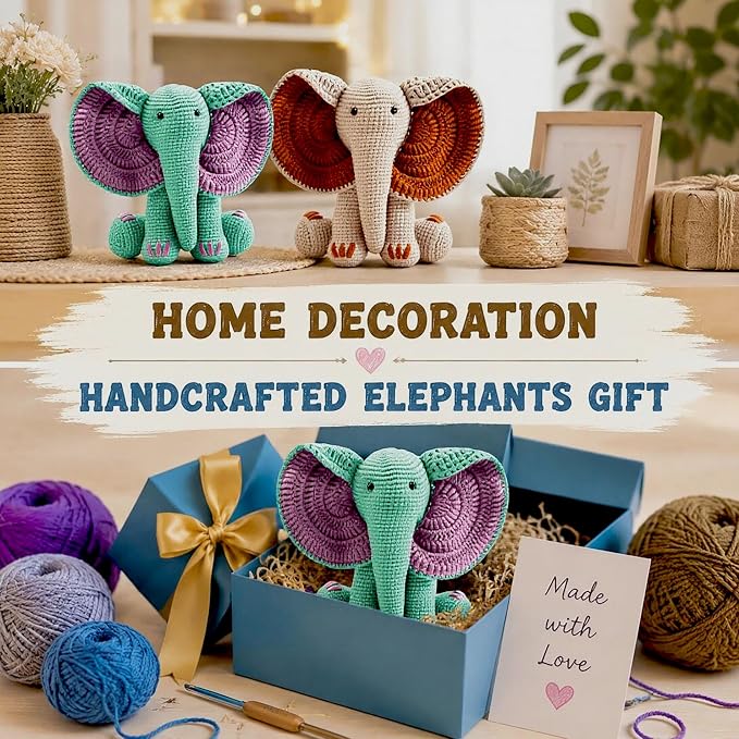 JYZJDKE Crochet Kit for Beginners Adults - DIY Amigurumi Elephant Knitting Starter Kit with Yarn Sets, Crochet Animal Kit Cute Stuffed Animal Craft Birthday Gifts (Beige White+Tiffany Green Elephant)