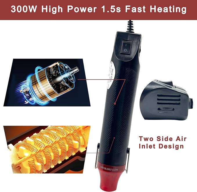 Mini Heat Gun for Crafting, 300W Heat Gun with Variable Temperature Settings Fast Heat Hot Air Gun Tool for Crafting, 6.56Ft Long Cable Heat Gun for Craft Dryer, Drying Paint, Shrink Tubing - Black