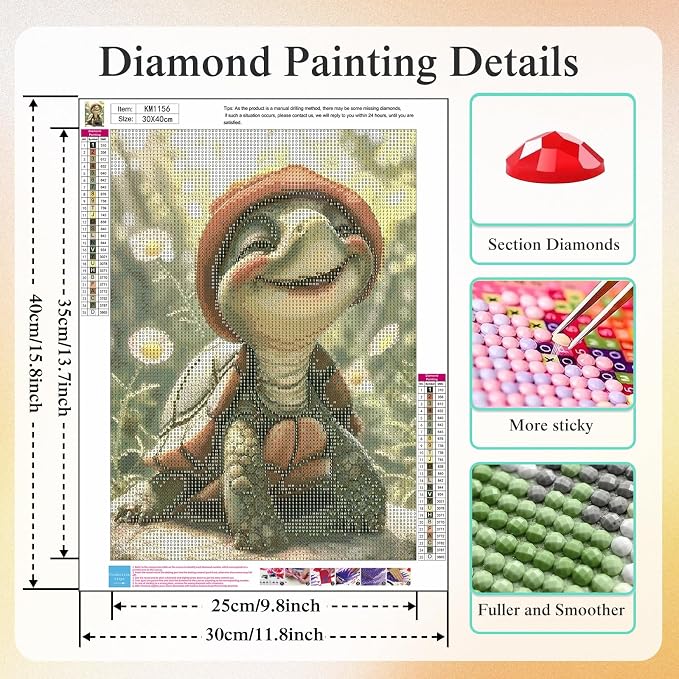 5D Cute Smiling Turtle Diamond Art kits for Adults Beginners 12x16in | Diamond Painting Kit DIY Full Round Drill Paint by Diamonds Dot Gem Art for Adult, Home Wall Decor