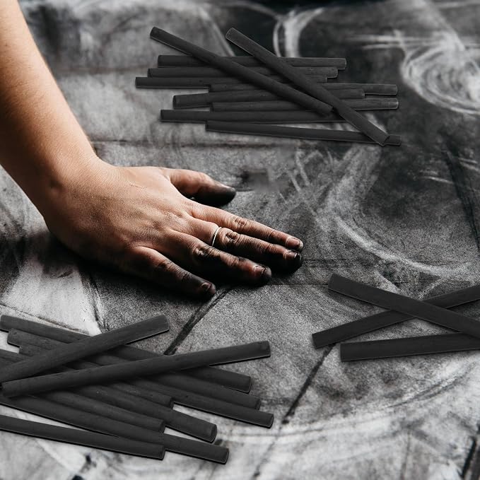 Gueevin 25 Pcs Soft Willow Charcoal Sticks Drawing,5-7mm | For Artists Beginners Students, Vine Charcoal Bulk for Sketching Shading Fine Art, Assorted Sizes, Back to School Gifts