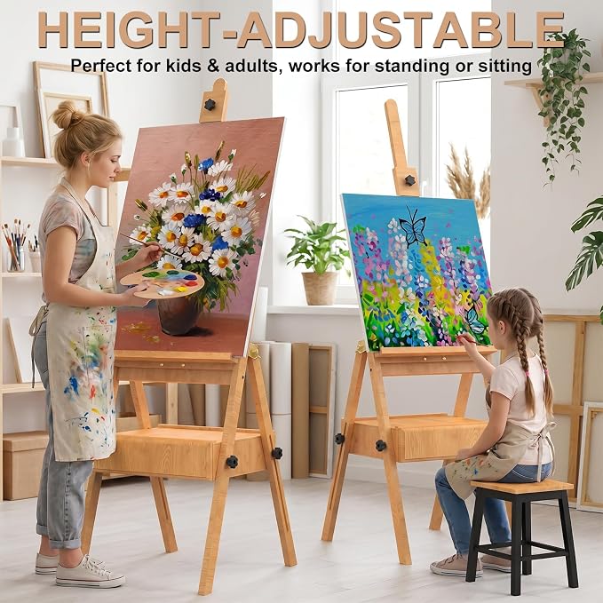 Large Beech Wood H-Frame Easel,Painting Easel with Storage Drawer,Up to 36" | Multi-Function Studio Easel, Professional Foldable Artist Easel Stand for Painting, Holds Canvas Art up to 36"