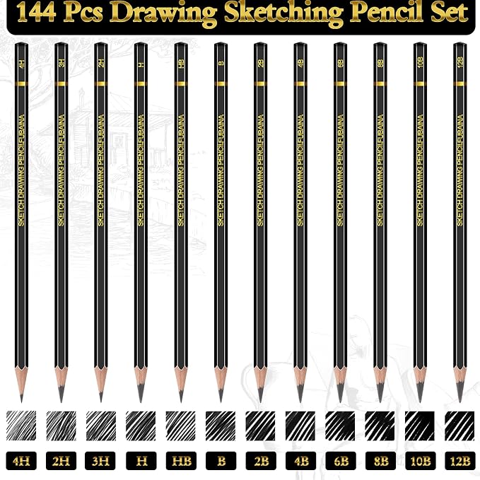 Humyoun 144 Pcs Sketching Pencils, 12B-4H Graphite Drawing Pencils | Art Set for Artists Beginners, Bulk Supply for Studios, Charcoal Graphite Blend, Shading Sketching, Gift-ready Packaging