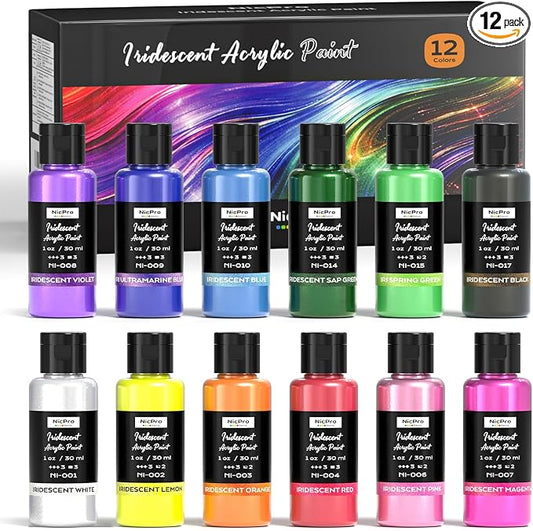 Nicpro 12 Colors Iridescent Acrylic Paint Set,1oz Chameleon Metallic Paint | Color Shifting Glitter Craft Paint, Non-Toxic DIY Art Painting Supplies,Paint Kit for Canvas Rocks Wood Glass Ceramic Fabric