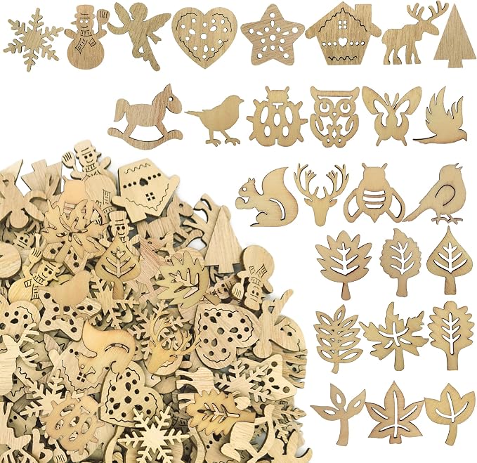 DIYOMR 200Pcs Hollow Wood Pieces Unfinished Wooden Vintage Embellishments Decorative Accessories for Graffiti Home Decor DIY Scrapbooking Handmade Crafts (Mix II)