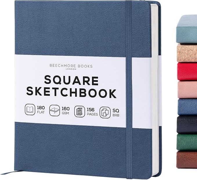 Beechmore Books 8x8 Square Mixed Media Sketchbook 160 GSM/98lb, Gift Box | Vegan Leather Hardcover Art Journal with Lay-Flat Binding, Perforated Ivory Pages for Drawing & Doodling
