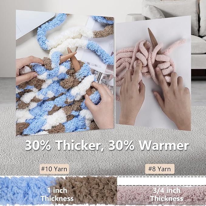 Cozyful Chunky Yarn for Hand Knitting - #10 Chunky Chenille Blanket Yarn, Jumbo Big Thick Chunky Yarns for Crocheting, Tie Dye Bulky Knit Yarns, 8 Skein (20 yds 8 oz Each Skein), Khaki & Blue & White