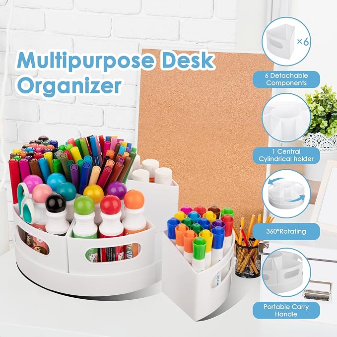 CraftGenes Rotating Art Supply Organizer, 7 Removable Compartments, White