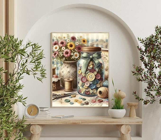 Accompany Wind 5D Diamond Painting Kits for Adults -Vintage Sewing Room with Buttons Jar Full Drill Diamond Art Craft Kits for Adults - Diamond Art Kits for Home Wall Decor 12×16 Inch