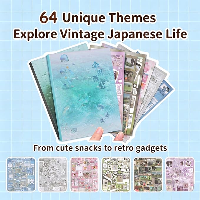 Tmtains 64 Sheets Korean Sticker Book for Scrapbook Retro Manga & Rain Style Japanese Stickers for Journaling Aesthetic Cute Sticker Book for Adults Dreamcore Stickers for DIY Junk Journal (Rain)