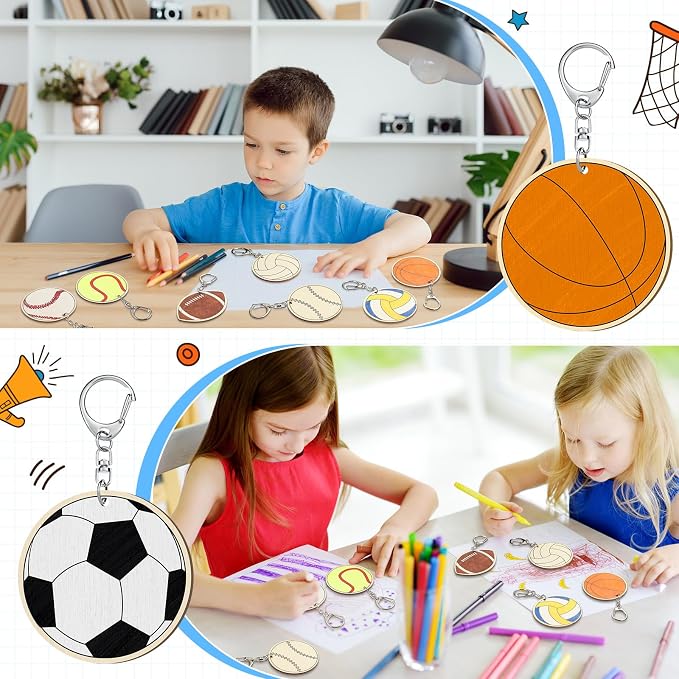 Trnayi 36 Pcs Sports Ball Unfinished Wood Keychains Color Your Own Craft | Sports Ball Wooden Keychains, Color Your Own Unfinished Craft, Blank Wood Painting DIY Crafts, for Home Classroom Art Project