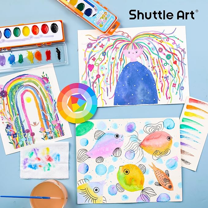Shuttle Art 60 Pack Watercolor Paint Set, 8 Colors with Paint Brushes & Color Wheels, Washable for Kids & Adults, Suitable for Classroom, Parties, Kindergarten & Art