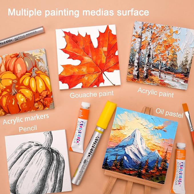 AUREUO Mini Canvas and Easel Set - 4x4 Inch/ 12 Pack - 2/5 Inch Profile Small Square Canvas with Display Stand - Art Gift Set Bulk Pack Canvases for Acrylic Painting & Craft