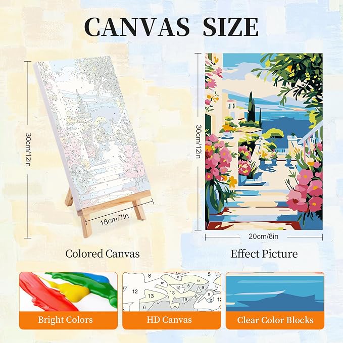 4 Pack Paint by Numbers Kit for Adults with Frame, Seaside Town Landscape | DIY Acrylic Painting Kit with Wooden Easel, Framed Paint by Number for Beginners, Home Wall Decor & Gift, 8 x 12 Inch