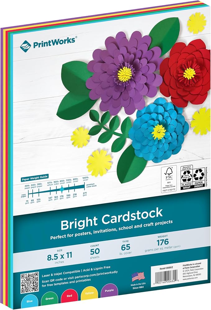PrintWorks Bright Cardstock 8.5" x 11" - 50 Sheets - 5 Assorted Primary Colors - Ideal for School & Craft Projects - 65 lb/176 gsm - Made in the USA - FSC® Certified (00682)