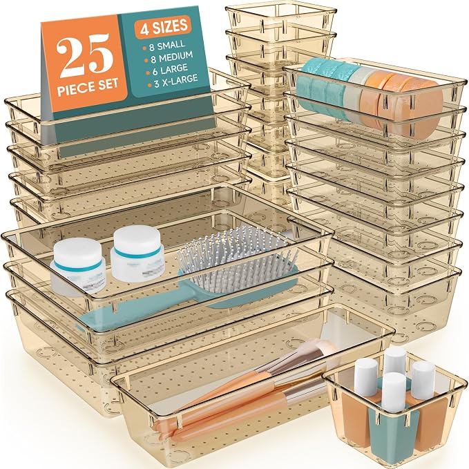 25 PCS Plastic Drawer Organizer Set, Makeup Organizers and Storage Bins | 4 Sizes Desk Drawer Divider Organizers and Storage Bins for Jewelry, Gadgets for Kitchen, Bedroom, Bathroom, Clear Champagne