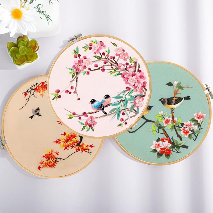 Santune 3 Pack Embroidery Kit for Adults Cross Stitch Kits for Beginners with Bird Patterns,3 Instructions,1 Hoop,Threads and 6 Needles,Hand Needlepoint Sets for Women