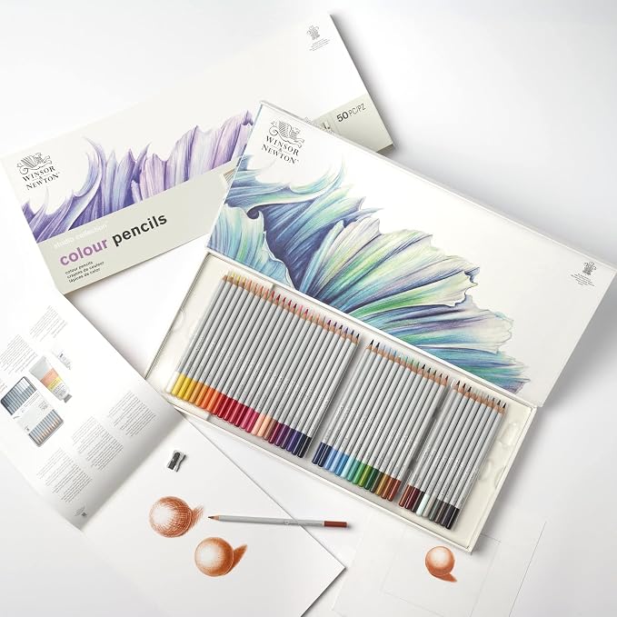 Winsor & Newton Studio Collection, Colour Pencil Box Set of 50 | Rich, Vibrant Color, Thick-Core Pencils, Soft Smooth Texture, Easy Blending, Stylish Metal Tin Included, High Quality Lead