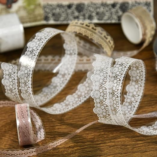 6 Rolls Lace Patterns PET Tapes Floral Arts Decorative Tape Set Adhesive Transparent Masking Tapes for DIY Craft, Kids, Scrapbook, DIY, Gift Wrapping, Journal (Pure White)
