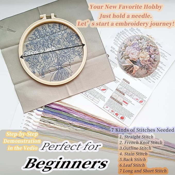 FONNUY Bouquet Flowers Embroidery Kit for Beginners, Pre-Stamped Pattern Kits for Adults with Hoop, Easy to Follow Color Thread Needlework, 8'' Hoop (Timeless Elegance)
