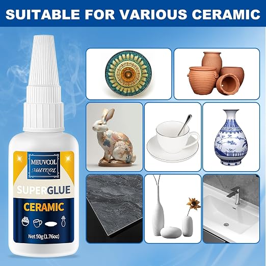 Meuvcol Ceramic Glue Repair Kit, 100g - Super Glue for Porcelain and Pottery, Cyanoacrylate for Mug, Figurines, Dishes, Plates, Teapot - Waterproof, No Smell