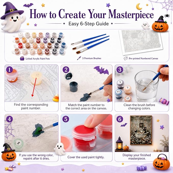TELMOXA Halloween Paint by Numbers Kit for Adults, 16x16 in | Witch Paint by Numbers, Acrylic Oil Painting, Colored Canvas, Painting Kit, DIY Craft Kits, Gifts, Home Wall Decor