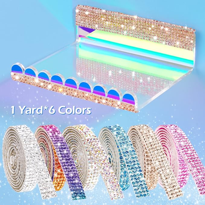 NiArt Self Adhesive Crystal Rhinestone Diamond Ribbon 6 Rolls, 0.9cm Wide Total 6 Yards Multi-Functional DIY Decorative Bling Gemstone Arts Crafts Sticker Tapes Glitter Shoes Clothes (Assorted Colors)