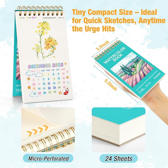Creazic 3 Pack Small Watercolor Sketchbook, 3.5" x 5.5" Watercolor Notebook