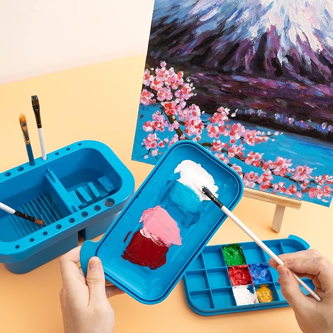 MyLifeUNIT Paint Brush Cleaner, Paint Brush Holder with Palette, Royal Blue | 18 mixing wells, 16 slots fitting 0.24-0.63 in diameters, 3 washing compartments, removable tray lid