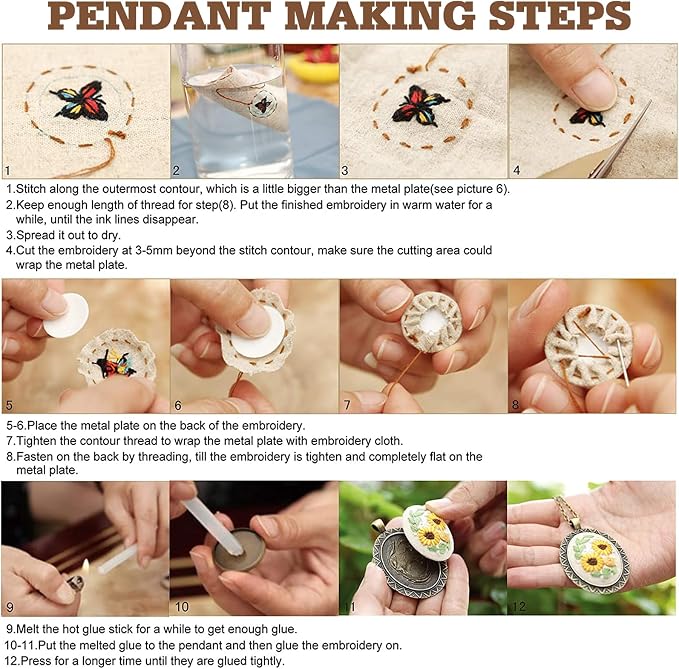 ZOCONE New 4 Packs Embroidery Necklace Kits, Embroidery Pendant Kit Mini Cross Stitch Kit with Hoop, Necklace, Pendant, Stamped Pattern Cloth, Instructions, etc., Embroidery Kits for Adults