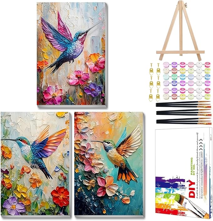 Mandun Hummingbird Paint by Numbers Kit for Adults, 3 Pack, 7.8x11.8 inch | DIY Painting Kits Crafts for Adults, Relieve Stress, Frame Canvas, Wooden Easel, Gift Box, Home Wall Decor