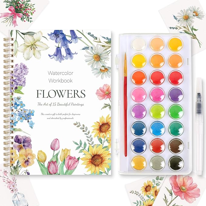 SKYDUE Watercolor Workbook for Beginners with 24 Paint Colors | 15 Floral & Botanical Painting, Step-by-Step Watercolor Book for Adults & Teen, Thick Watercolor Paper, Easy Relaxing Art Kit
