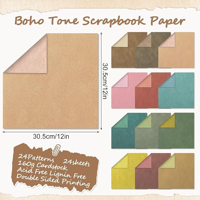 24 Sheets Scrapbook Paper 12x12 IN Double-Sided Boho Patterned Craft Paper
