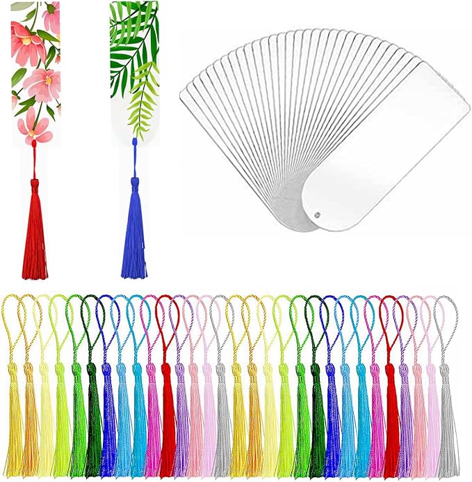 30Pcs Clear Acrylic Bookmark Blanks with Tassels, Semicircle DIY Craft Kit | 30Sets Bookmark Making Kits, Smooth Edge Clear Acrylic Blanks, Different Color Tassels,for DIY Book Marks Tags Handmade Gifts