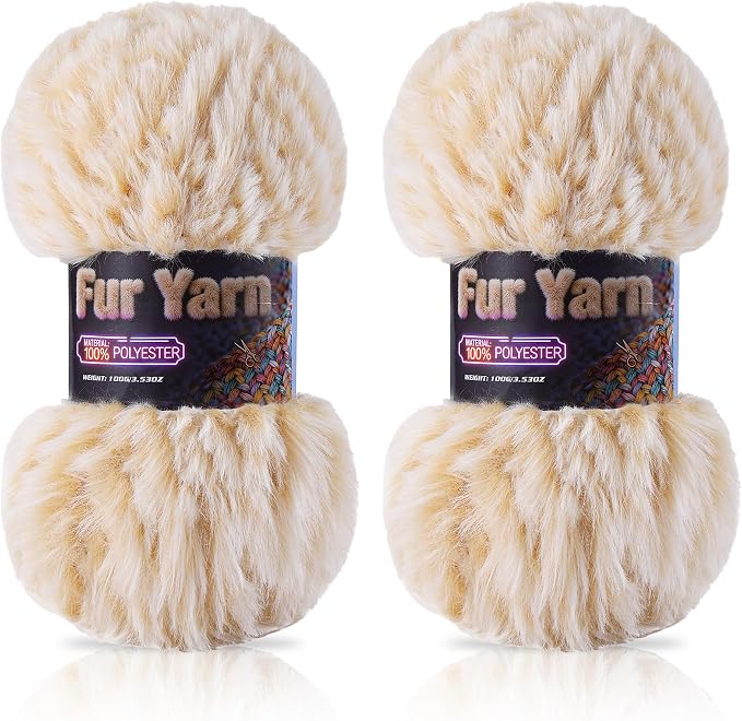 Faux Fur Yarn Soft Fluffy for Crocheting - 2 Skeins(Each 3.5oz/100g, 71yd/65m) - Chunky & Fluffy Yarn for Crochet Amigurumi, Blankets, Hand Knitting, Scarves &Crafts (2, White + Yellow)