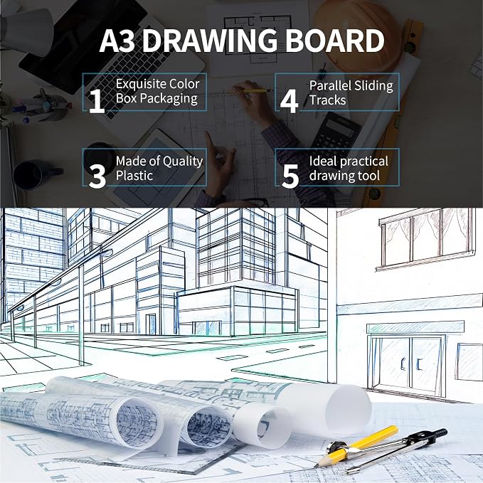 Zonon A2 Portable Drawing Board, Multi-Function Metric Drafting Table Drafting Board with Clear Rule Parallel Motion and Angle Adjustable Measuring System
