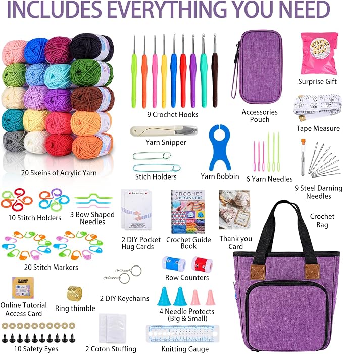 JC CRAFT Deluxe Beginner Crochet Kit – 116-Piece Set with 20 Yarns, Ergonomic Hooks, Accessories, Book for Beginners & Online Tutorial – DIY Starter Kit for Adults & Teens with Purple Bag & Case