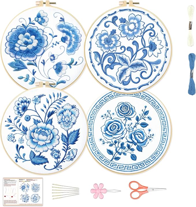 BEUNITONE 4 Set Embroidery Kit for Beginners, Blue Flower Cross Stitch Kits, Needlepoint Kits for Adults with Instructions and Full Kit, Classical Hand Embroidery Patterns for Cloth and Home Decor