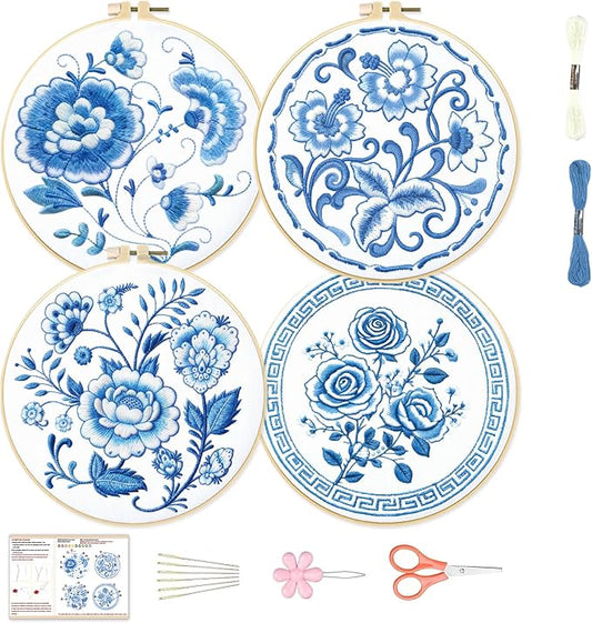 BEUNITONE 4 Set Embroidery Kit for Beginners, Blue Flower Cross Stitch Kits, Needlepoint Kits for Adults with Instructions and Full Kit, Classical Hand Embroidery Patterns for Cloth and Home Decor