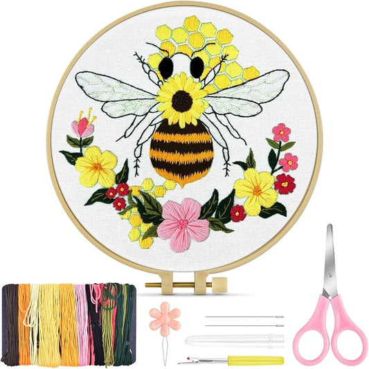 TINDTOP Embroidery Kit for Beginners Adult, Honeybee Embroidery Kit | Include Embroidery Cloth Hoops Threads for Craft Lover Hand Stitch with Embroidery Skill Techniques (Honeybee)