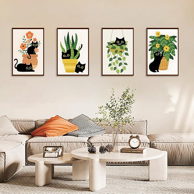 4 Pack Paint by Numbers Kit for Adults with Frame, Black Cat & Green Plant | DIY Acrylic Painting Kit with Wooden Easel, Framed Paint by Number for Beginners, Home Wall Decor & Gift, 8 x 12 Inch