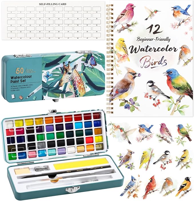 Watercolor Workbook with 12 Bird Patterns, 50 Colors Watercolor Paint Set | Water Coloring Book, Beginner-Friendly Watercolor Workbooks for Creative Exploration Gift for Adults