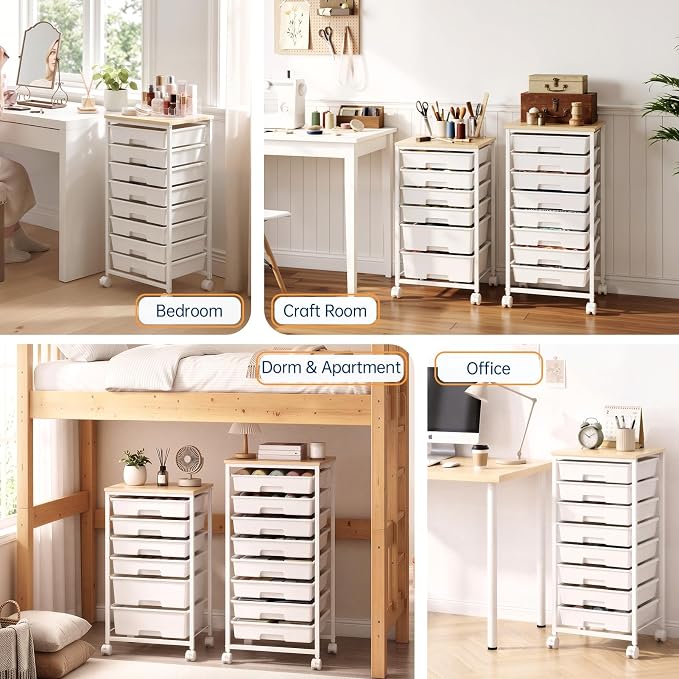 Delamu Rolling Storage Cart with 8 Drawers, Utility Craft Storage Cart | Storage Drawers Cart with Wooden Tabletop and Lockable Casters for Classroom Office Dorm Craft Art Supplie