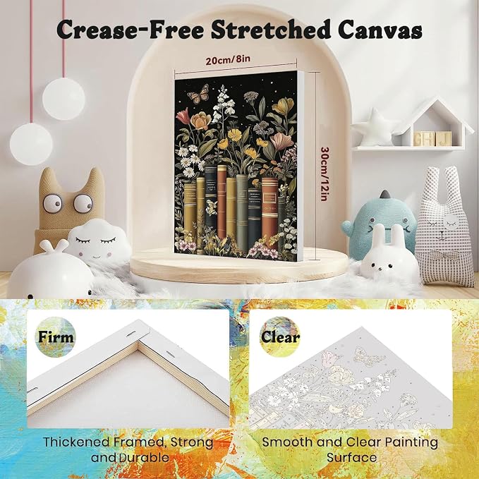 xackcme Book Paint by Numbers for Adults with Framed Canvas 8x12 inch | Flowers Paint by Number on Canvas, DIY Books Acrylic Oil Painting Kits with Wooden Easel Brushes for Home Wall Decor