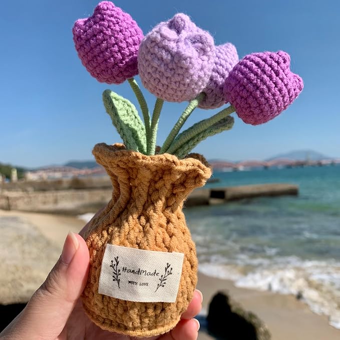Tulip Crochet Flower Potted Plant Handmade Desk Decor Gift
