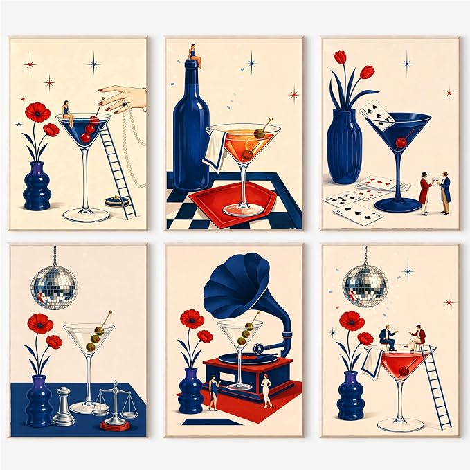 cupmod 6 Packs Cocktail Paint by Numbers Kit for Adults Beginners,8x10 Inch Adult Paint by Number Kits on Canvas, Cocktail DIY Acrylic Oil Number Painting Kits for Adults, Perfect for Gift Home Decor