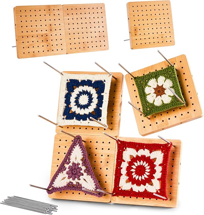4-Pack 4.7" Assembled Crochet Blocking Boards for Granny Square with Pins | With 25 Steel Pins Pegs, Assembles into 9.4" Standable Blocking Board for Crocheting and Knitting,Gifts for Crocheter