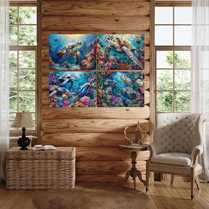 DOTSOPS 4 Pcs Marine Animal Diamond Painting Kits Art Adults Painting Kit | Crafts DIY 5D Diamond Art Packs Kits for Adults,Round Full Drill for Beginner,Home Wall Decoration Gift 11.8 x 15.7 Inches
